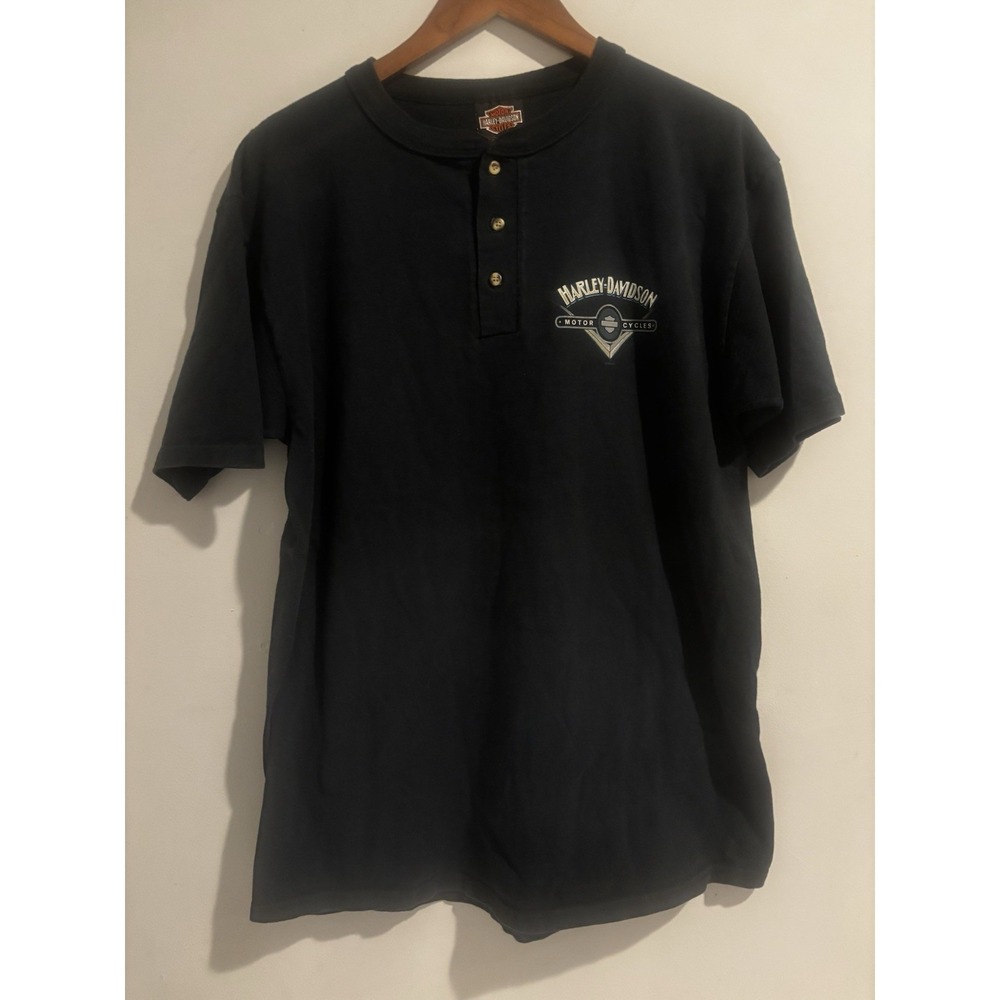 Harley-Davidson Henley Shirt Men's Large Short Sleeve Lubbock TX Black Buttons‎